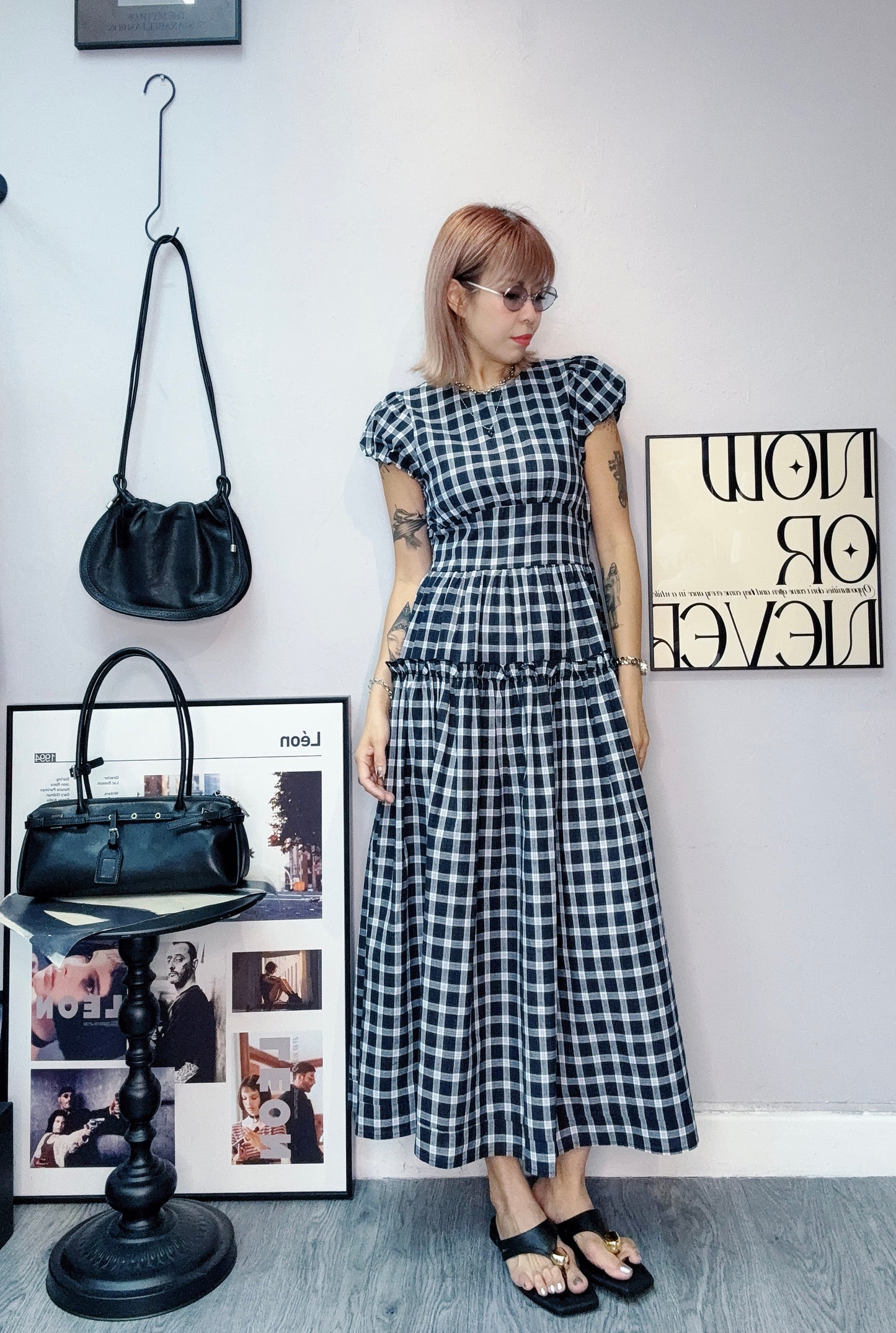 👍🏼Mini checked puff sleeves one piece #00638