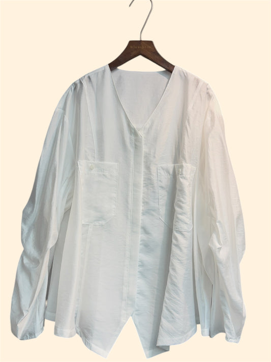 Front pockets v neck slippery fabric shirt #00404