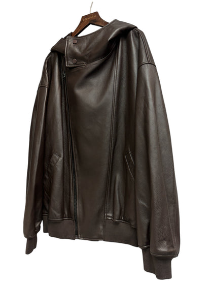 With hat leather jacket