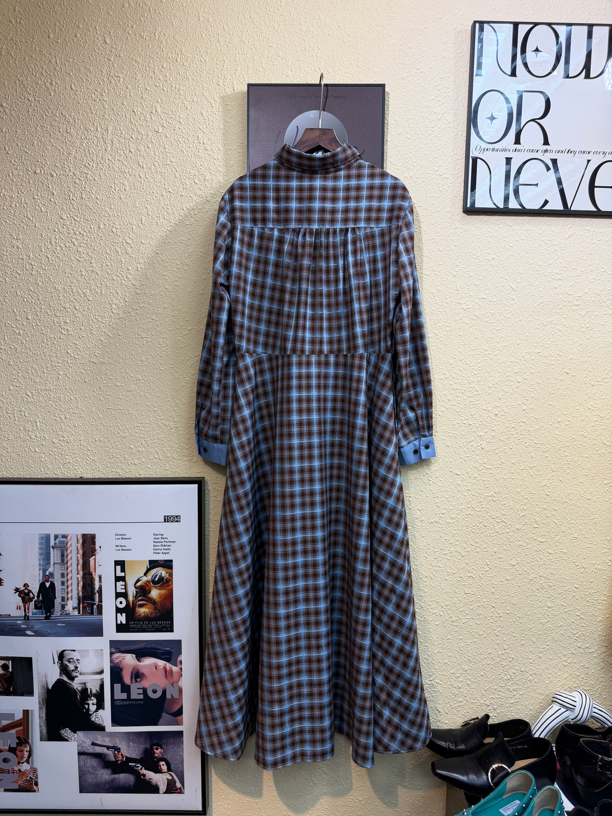 Checkered silky shirt collar one piece #00977