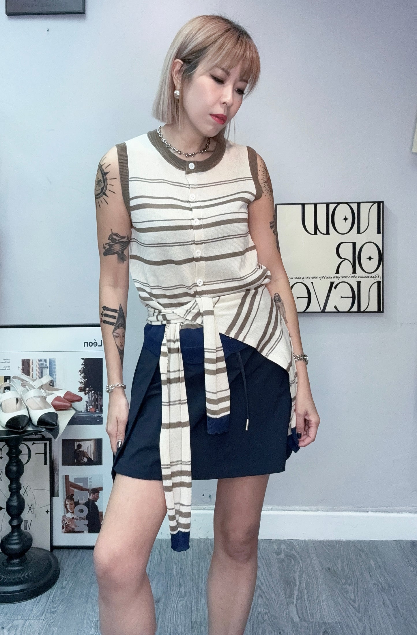 (-20%)With scarf knitted tank cardigan #00778