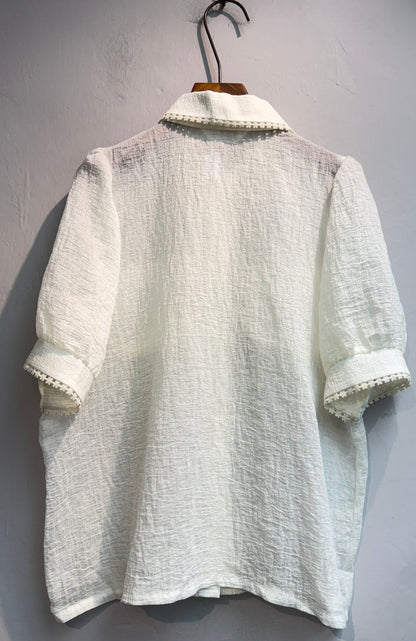 (-20%)puff sleeves embossed shirt #00657