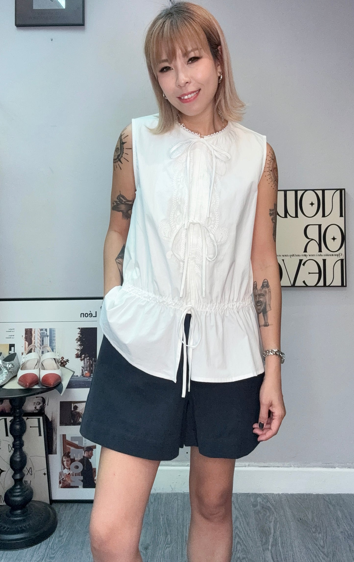 Front embroidery tie sleeveless blouse #00759