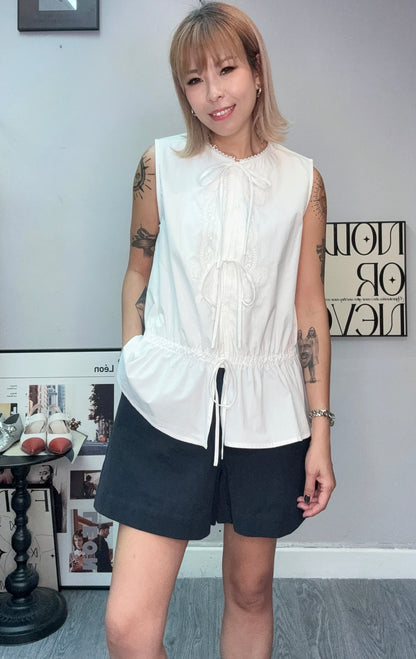 Front embroidery tie sleeveless blouse #00759
