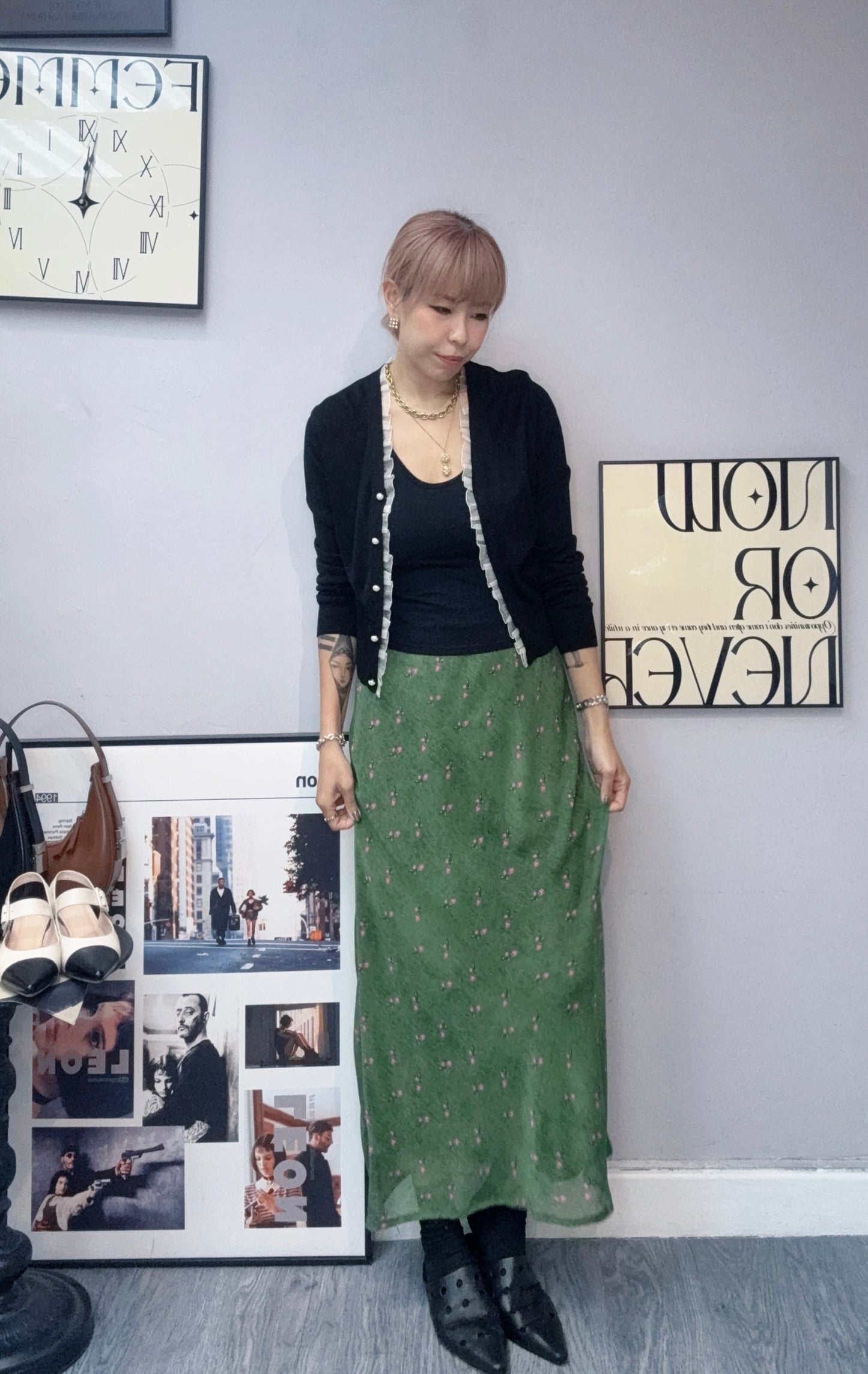 (-30%)Ruffle v neck pearl buttons cardigan #00323