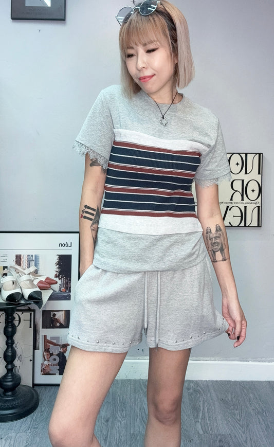 (-30%)striped tube lace trim sleeves tee #00770