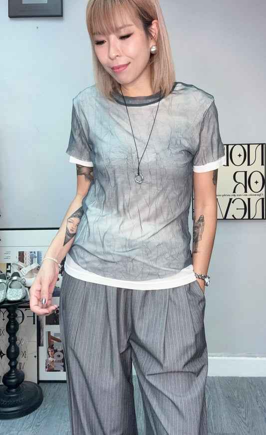 Fake two pieces mesh tee #00741