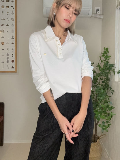 Pearl buttons polo lace collar top #00016