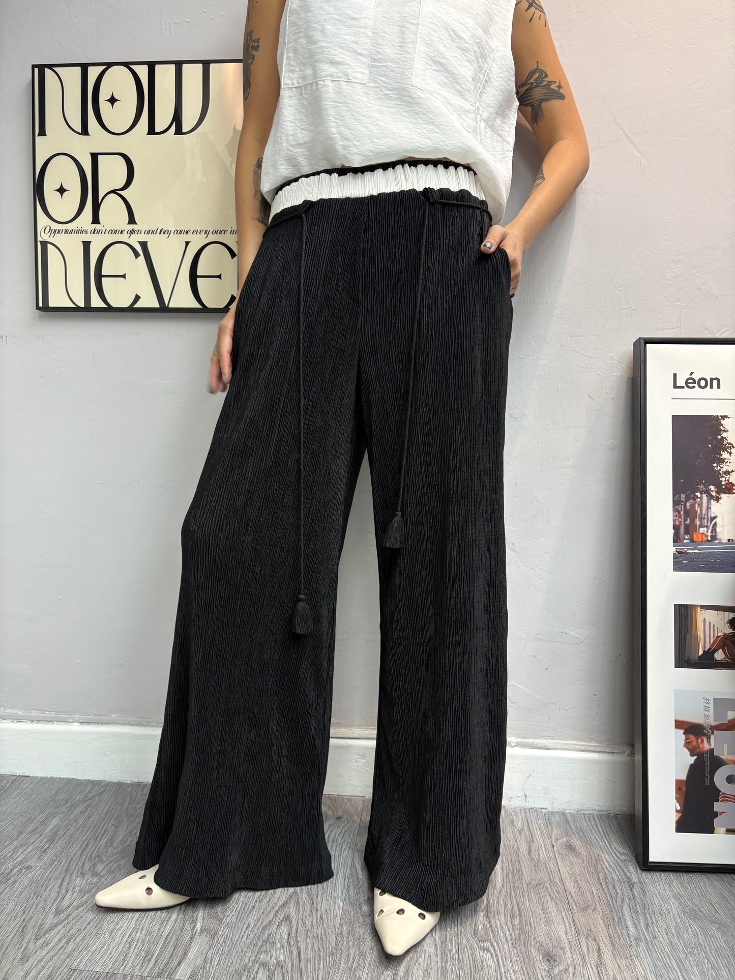 Black and white waist pants #00541