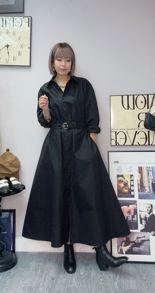 Puff sleeves with belt one piece #00229