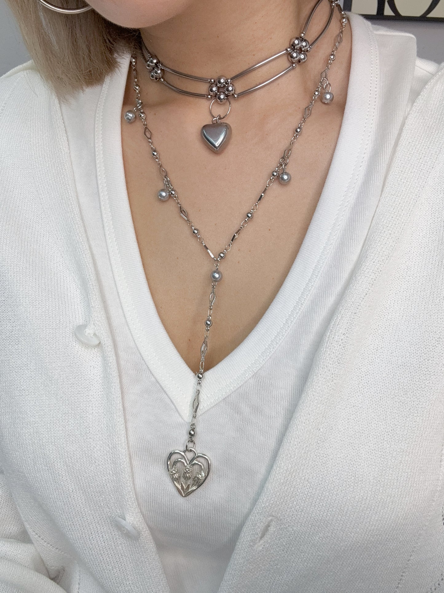 Silver tulip heart long necklace