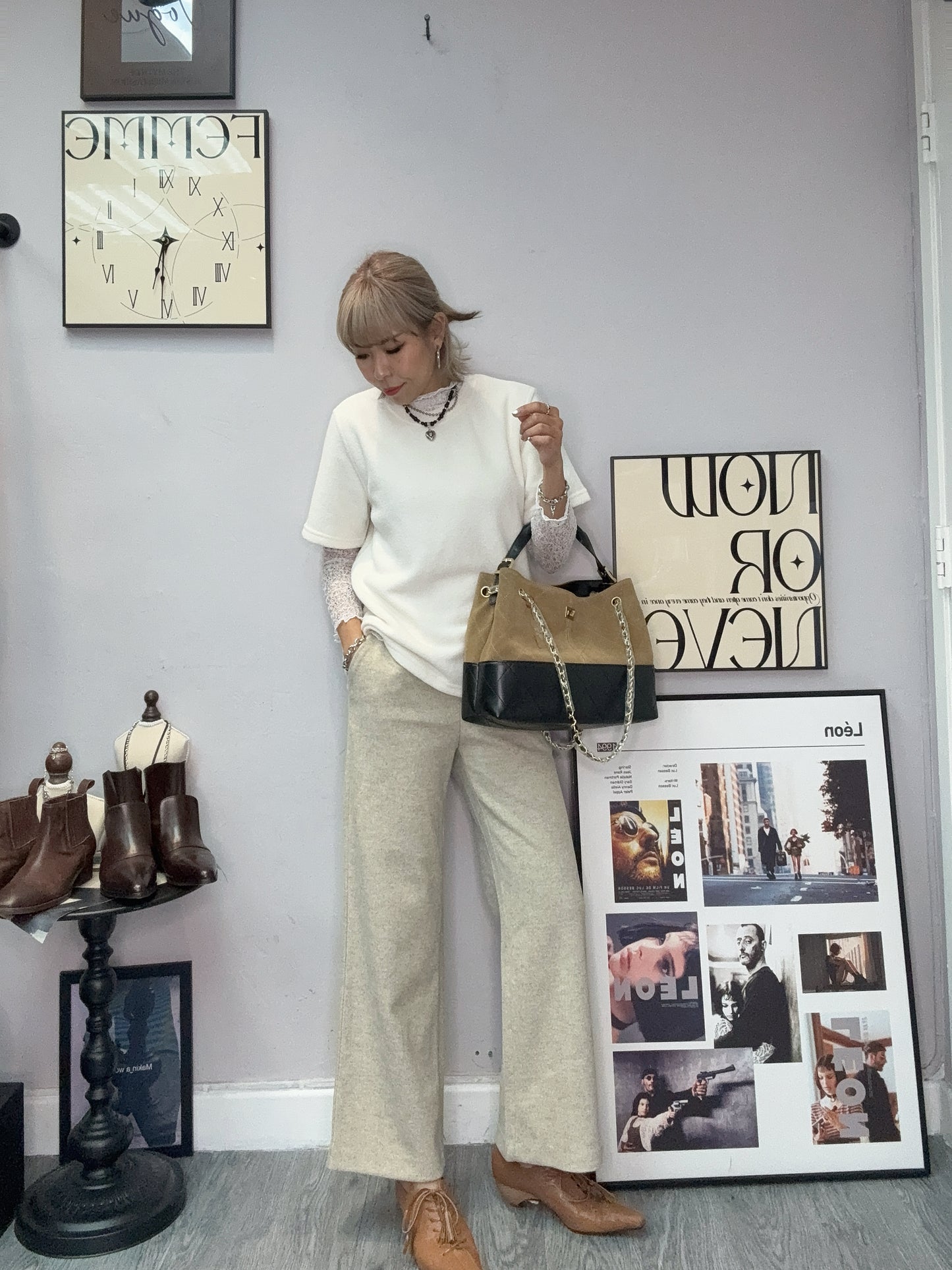 Color-block multiple leather bag