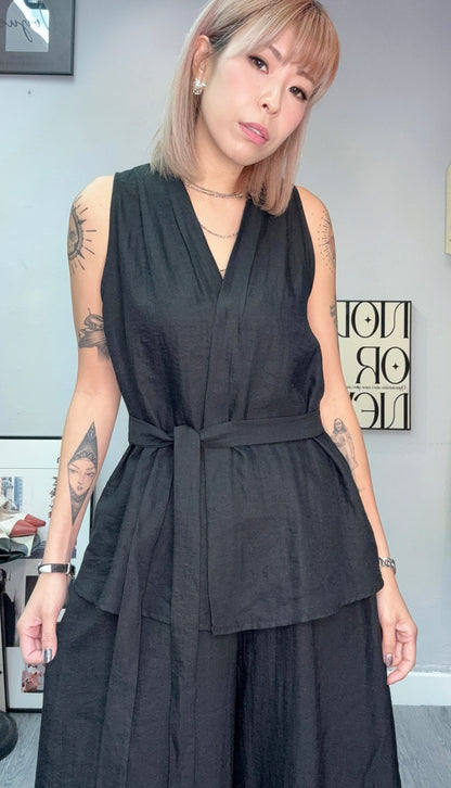 V neck tie waist tank set #00720
