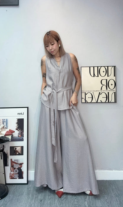 V neck tie waist tank set #00720