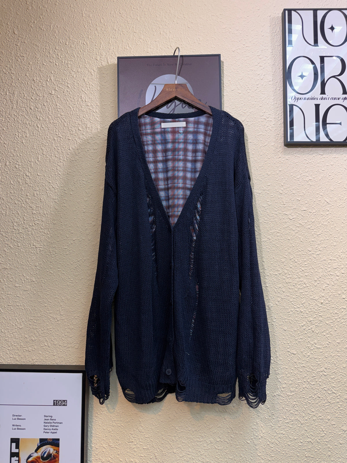 Checkered mesh inner loose cardigan #00928