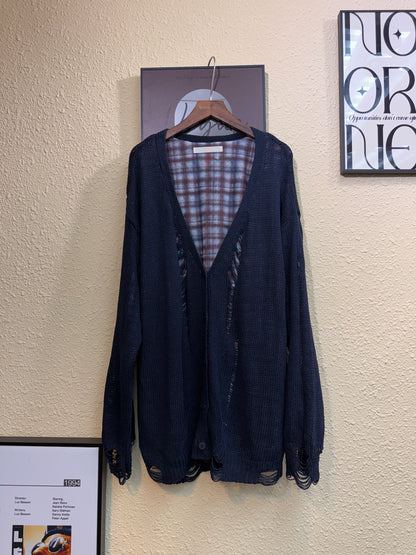 Checkered mesh inner loose cardigan #00928