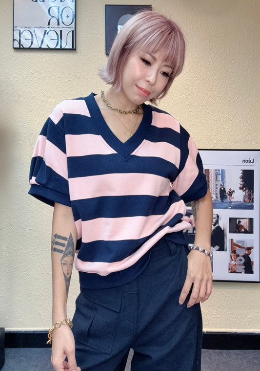 2 tone striped v neck top #00884