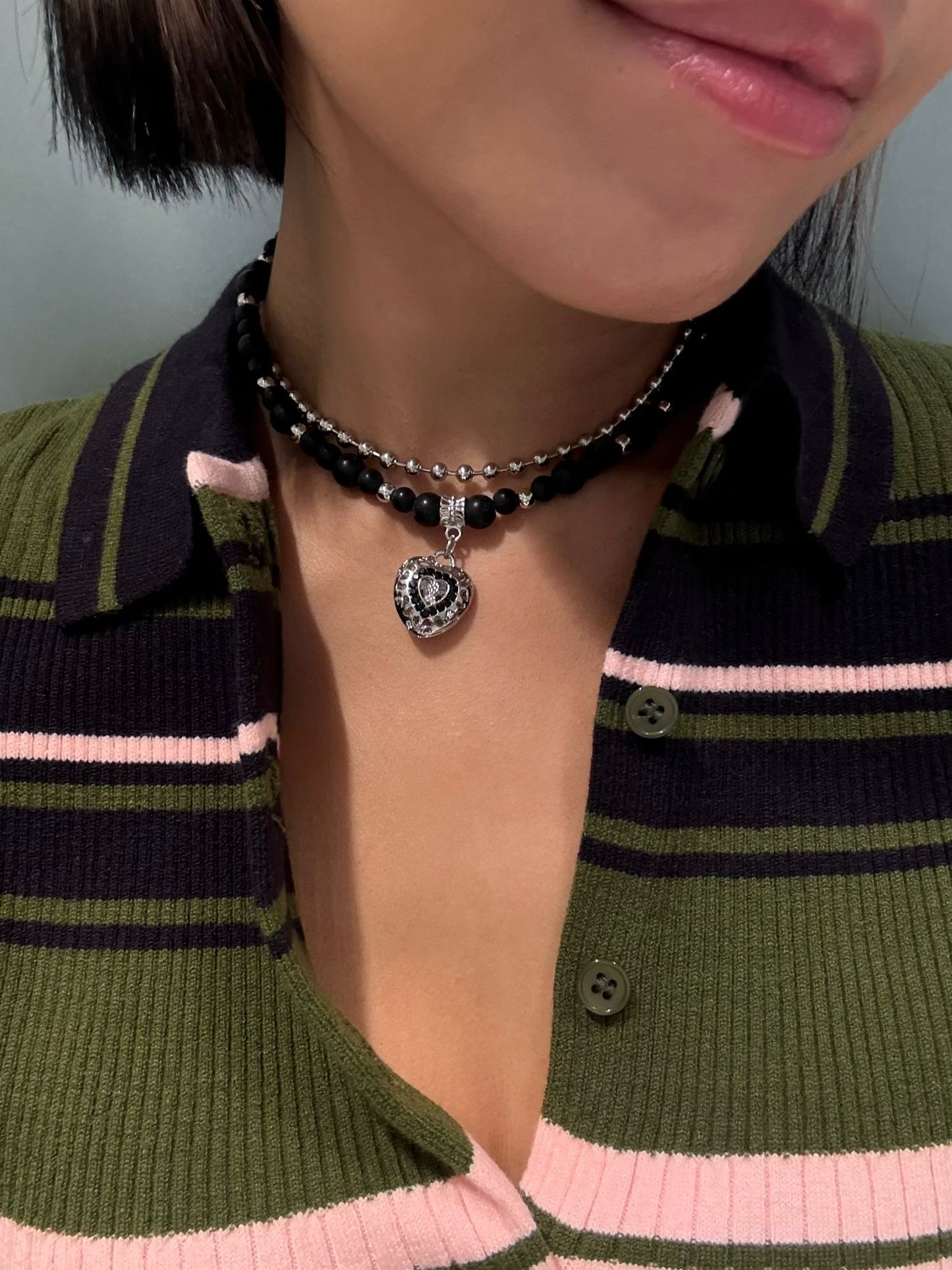 Silver heart X beaded necklace set