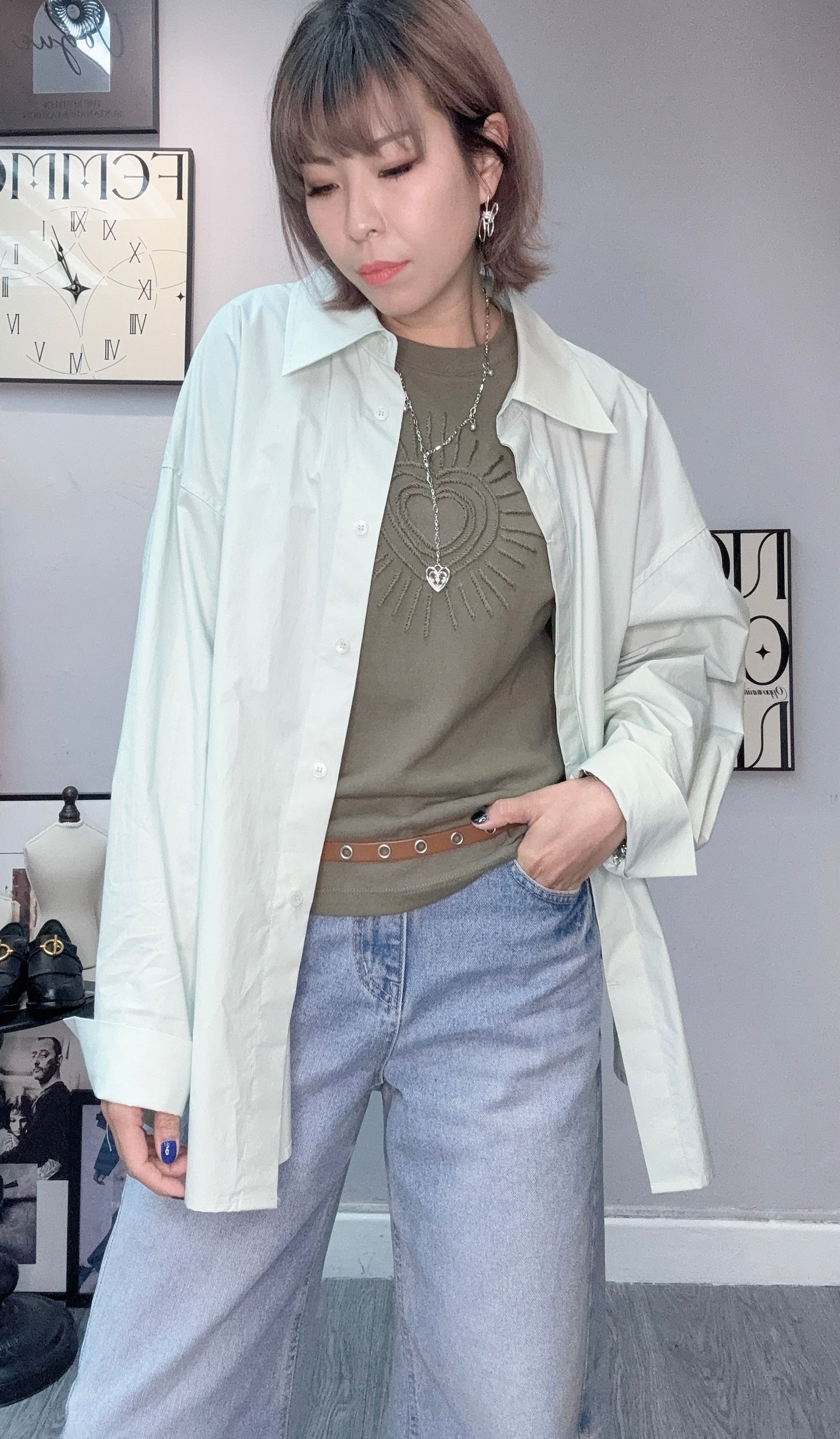Back tag plain loose shirt #00402