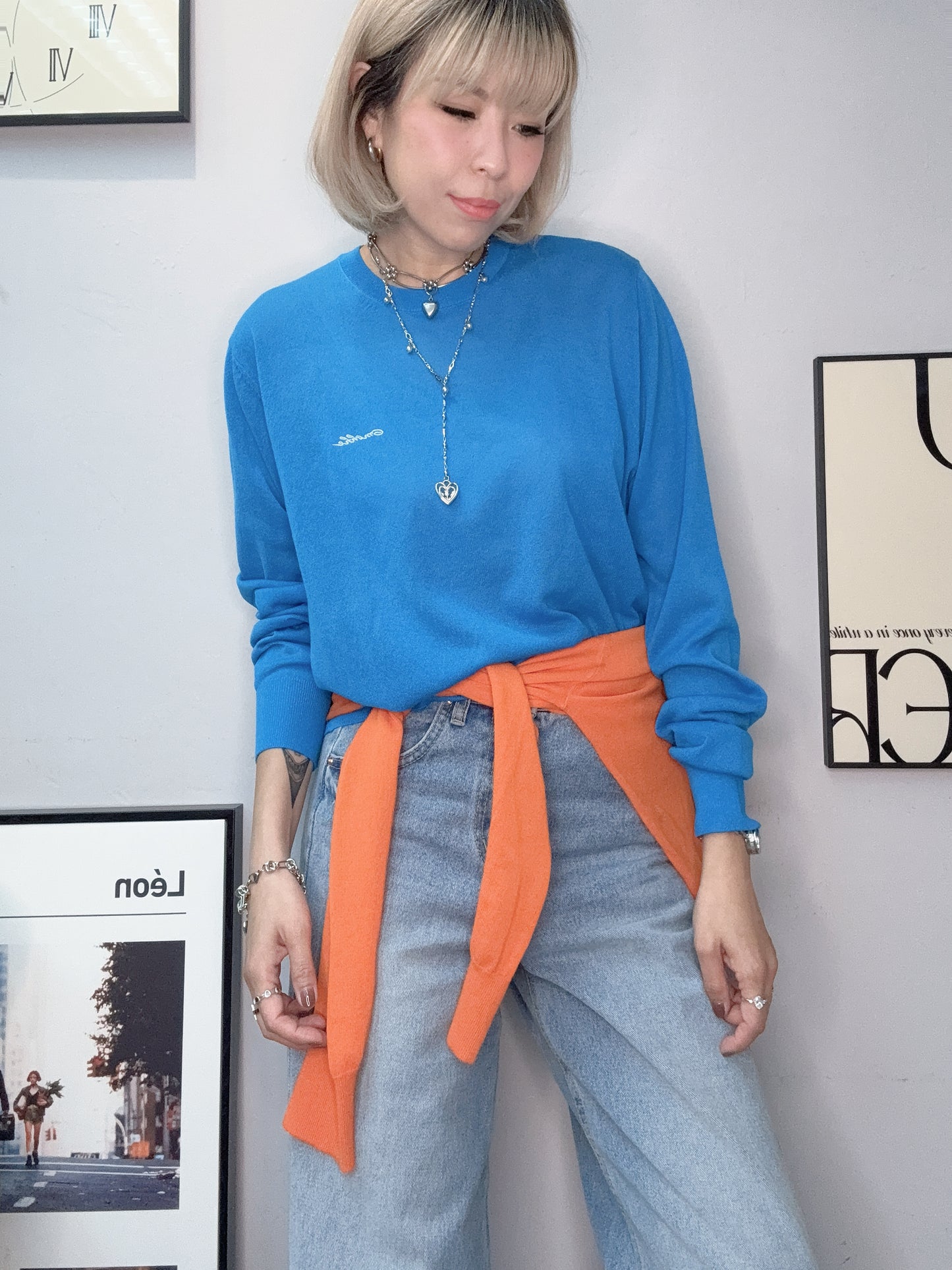 Round neck white logo knit top #00343