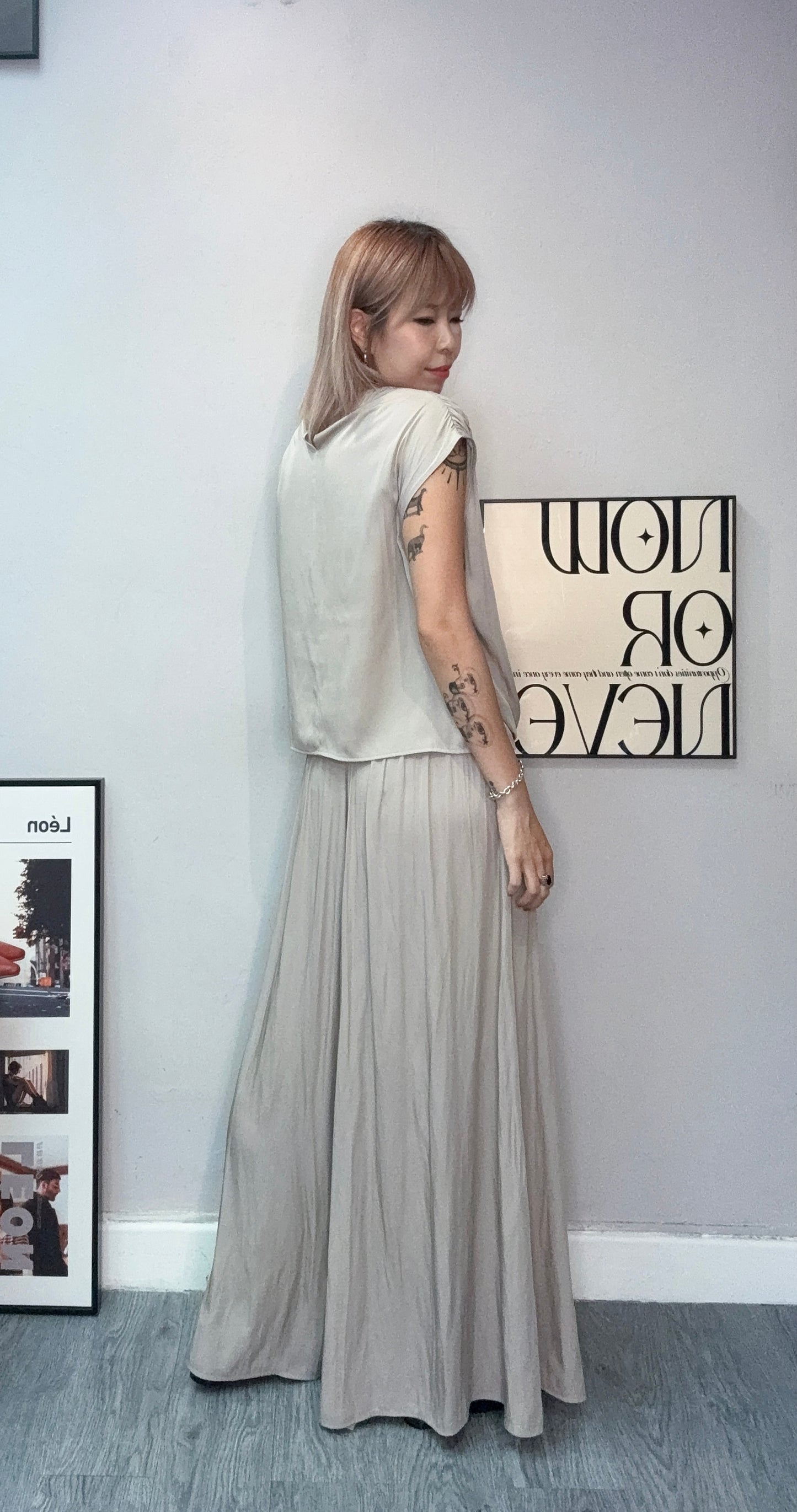 Puff hem silky cap sleeves top #00750