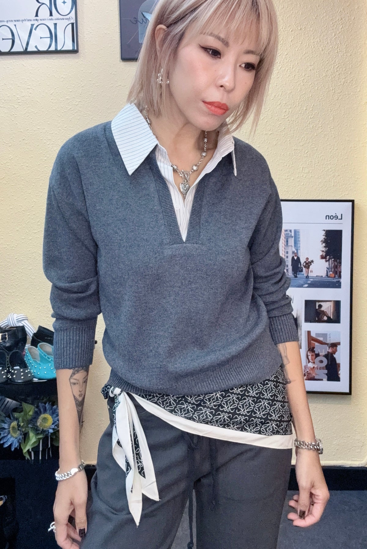 Fake two pieces shirt x knitted top #00970