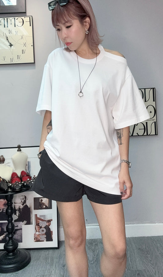 Round collar back cut out loose tee #00572