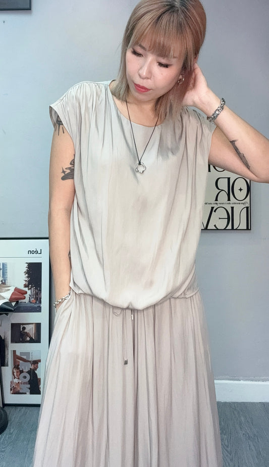 (-30%)Puff hem silky cap sleeves top #00750