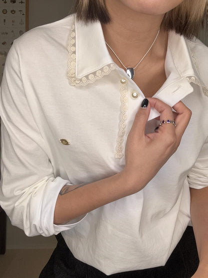 Pearl buttons polo lace collar top #00016