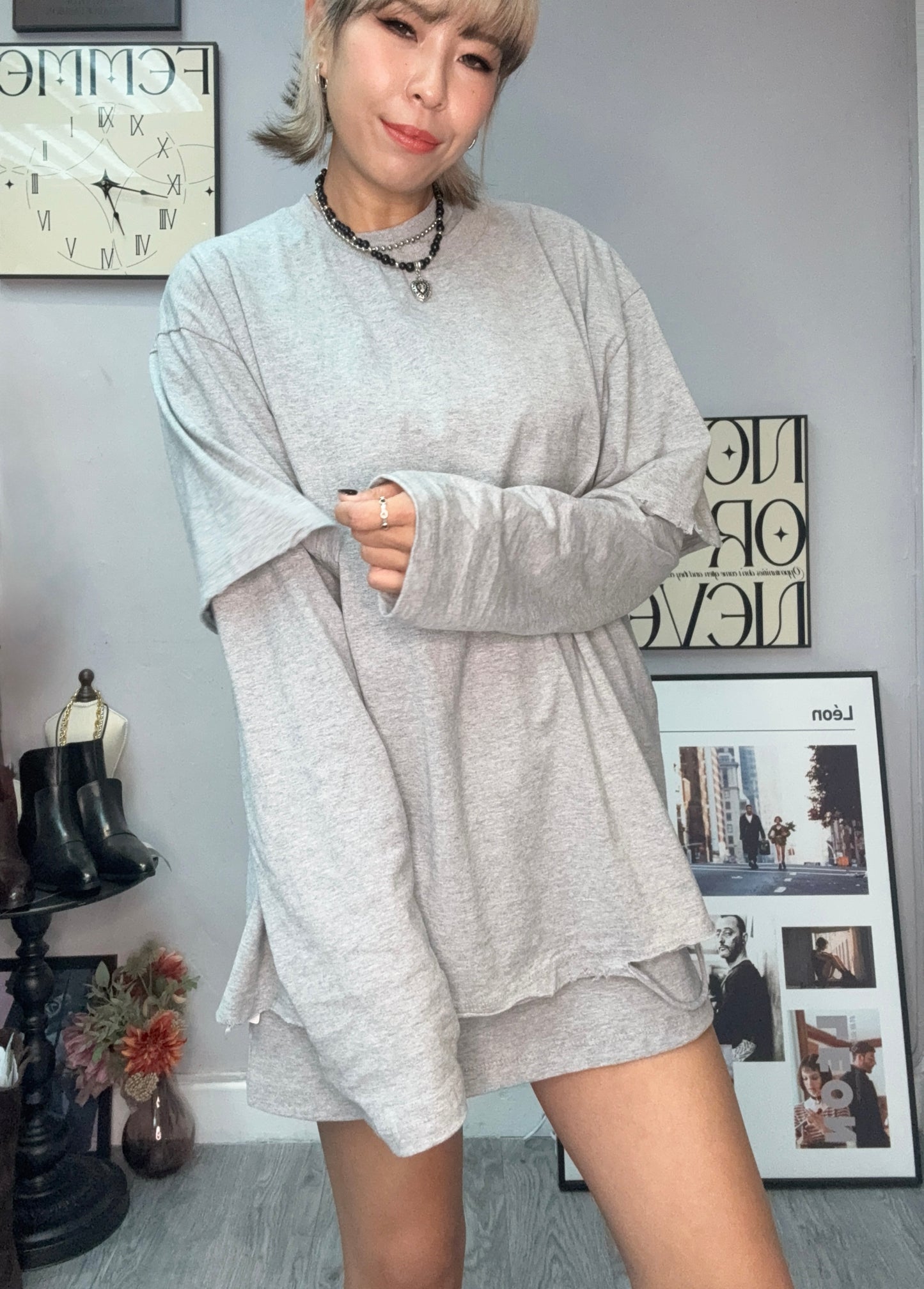 Plain two piece long tee set #00028