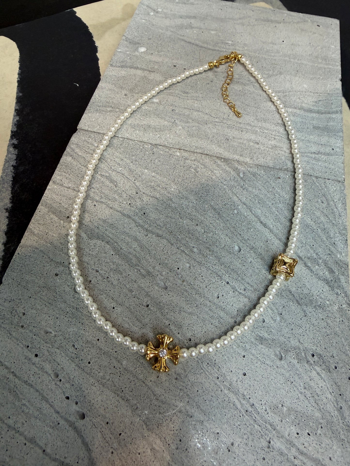 Mini pearl cross necklace