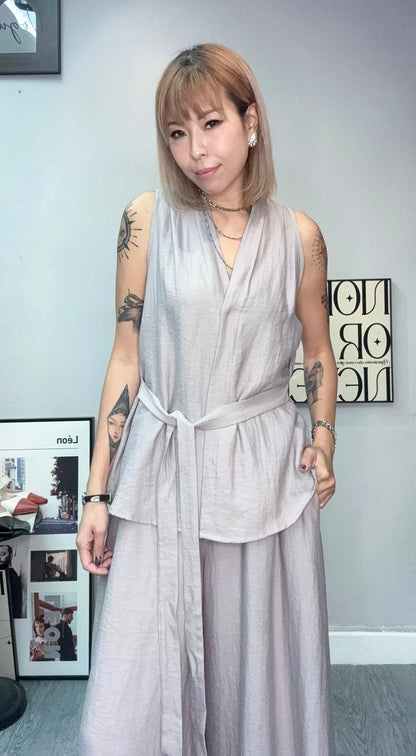 V neck tie waist tank set #00720