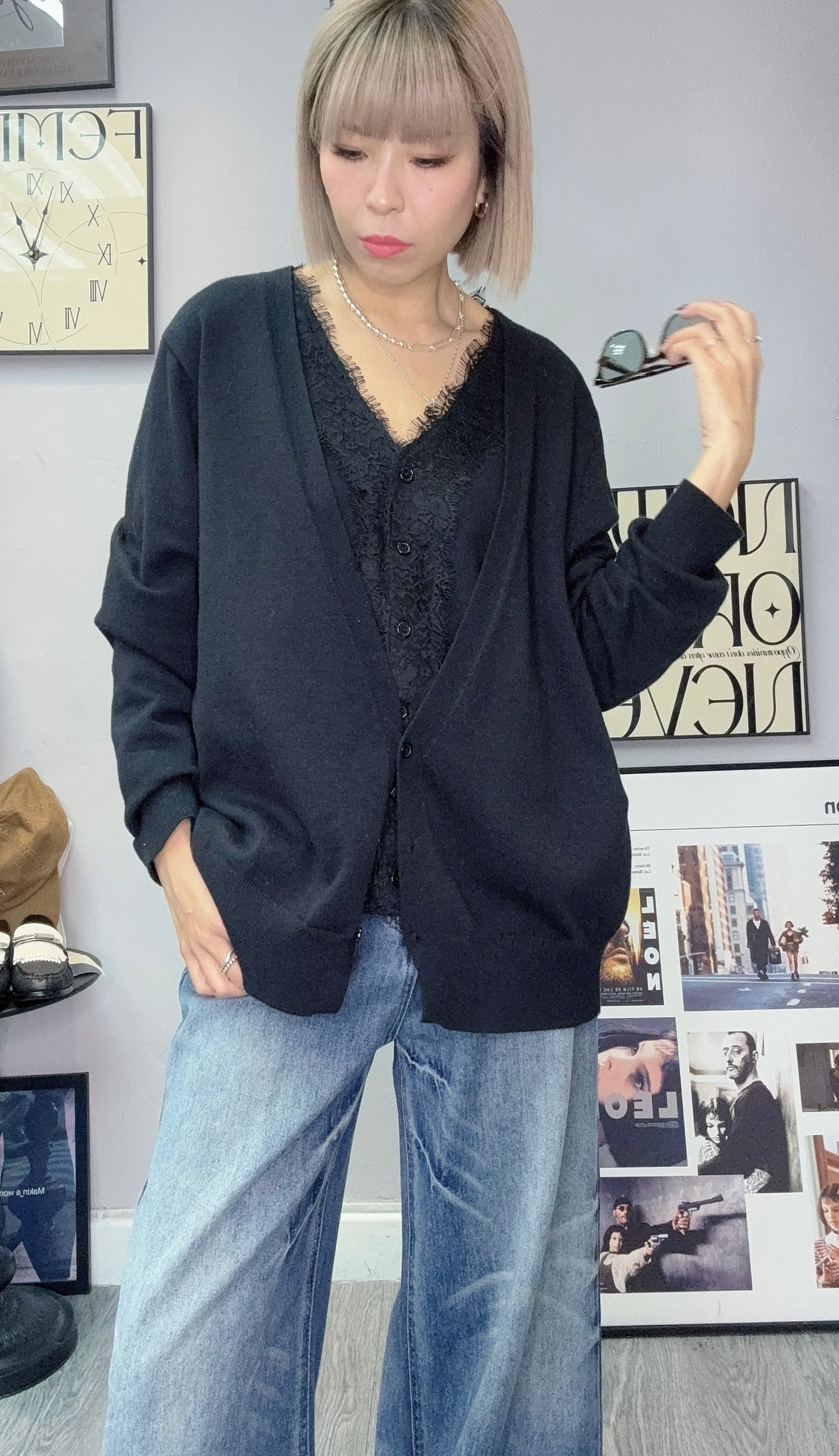 (-20% off)Fake two pieces lace x knit cardigan #00264