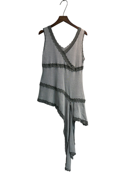 V neck lace irregular hem knit vest top #00324