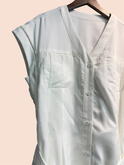 With belt linen v neck vest one piece #00605