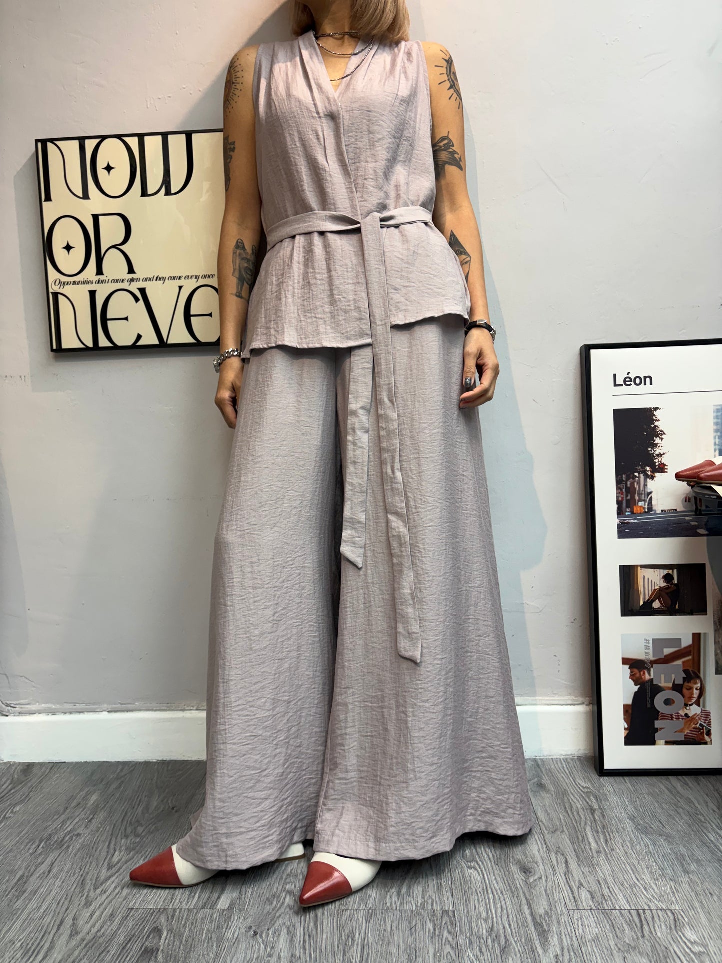 V neck tie waist tank set #00720