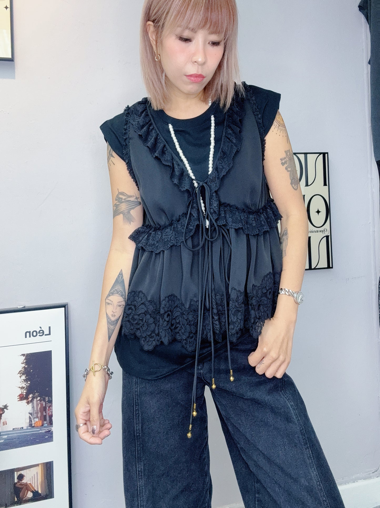 Lace ruff premium chiffon tank blouse #00623