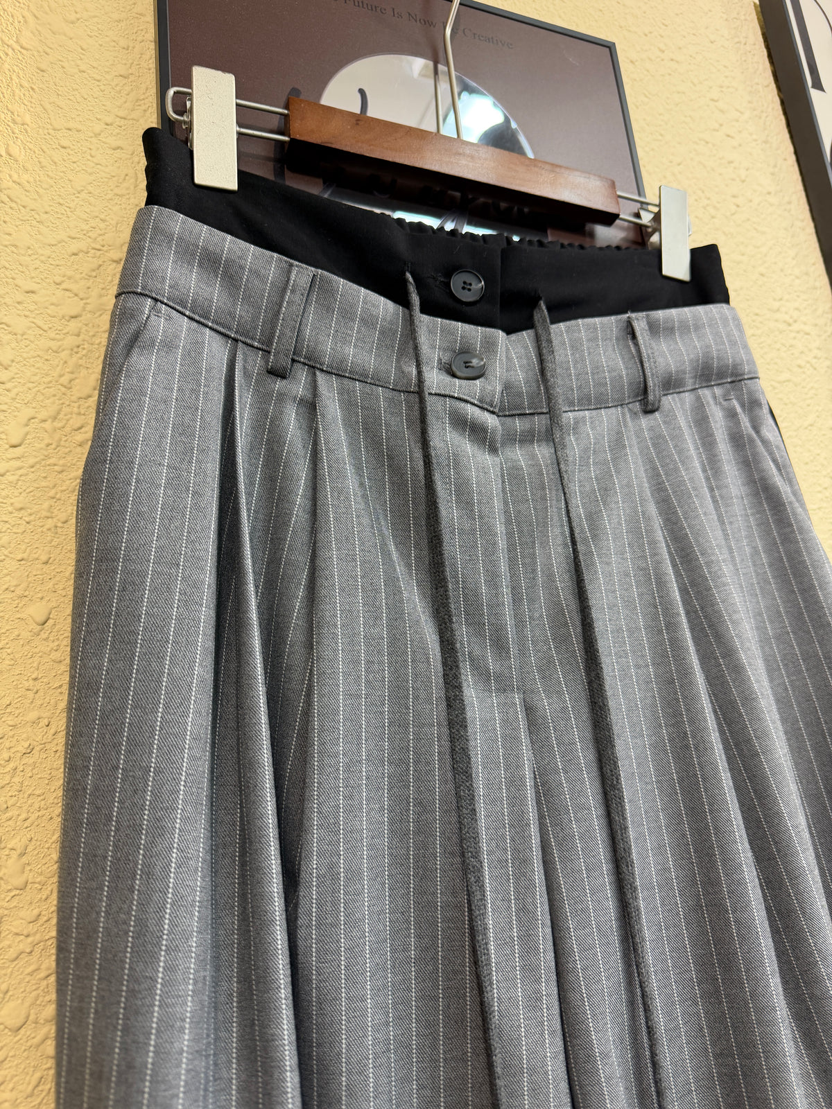 Front striped back plain double waist pants #00976