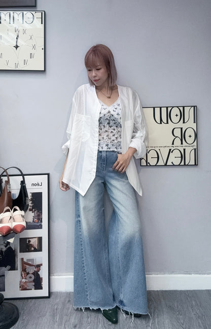(-30%)Front pockets v neck slippery fabric shirt #00404