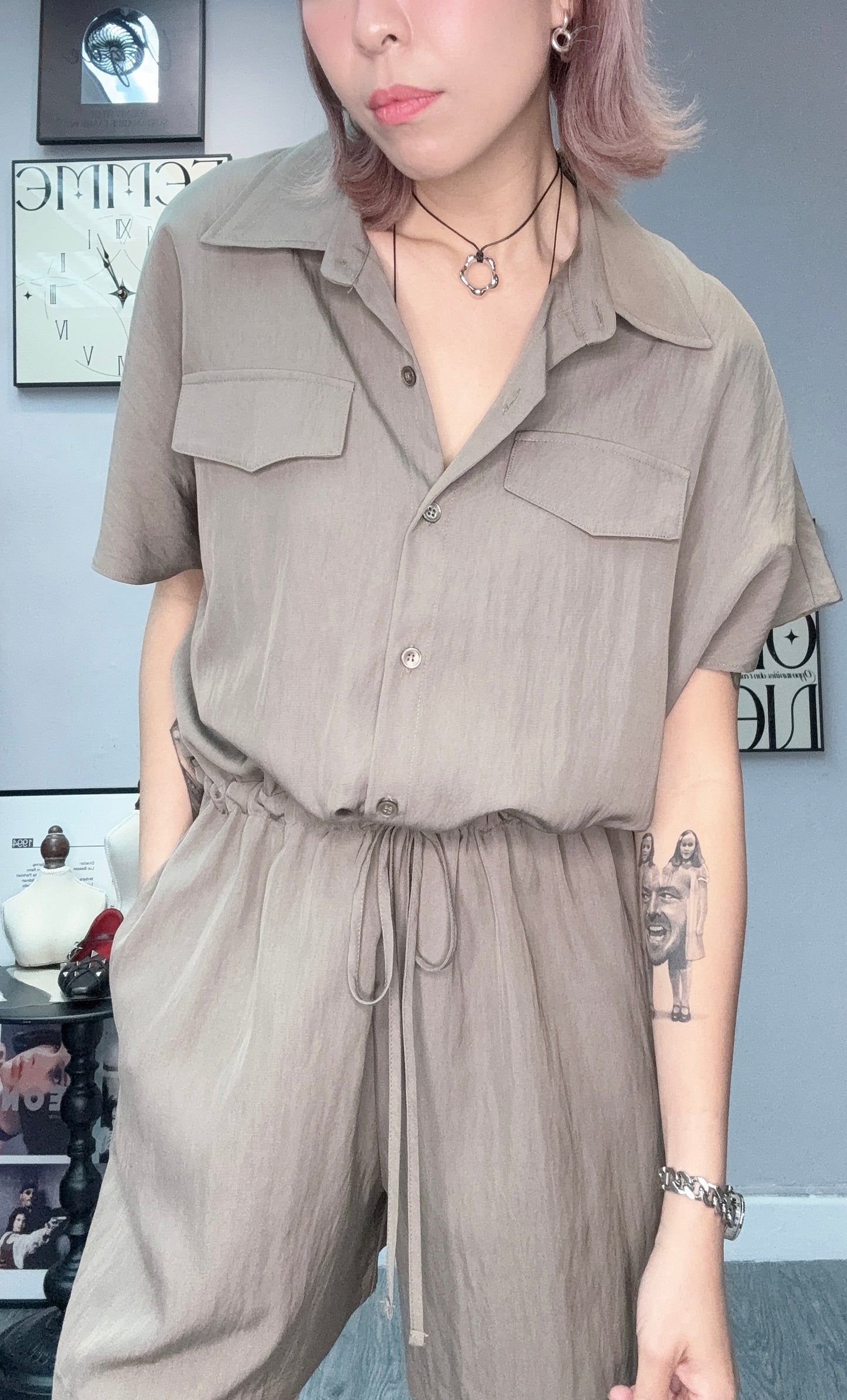 Shirt collar short jumpsuit #00448