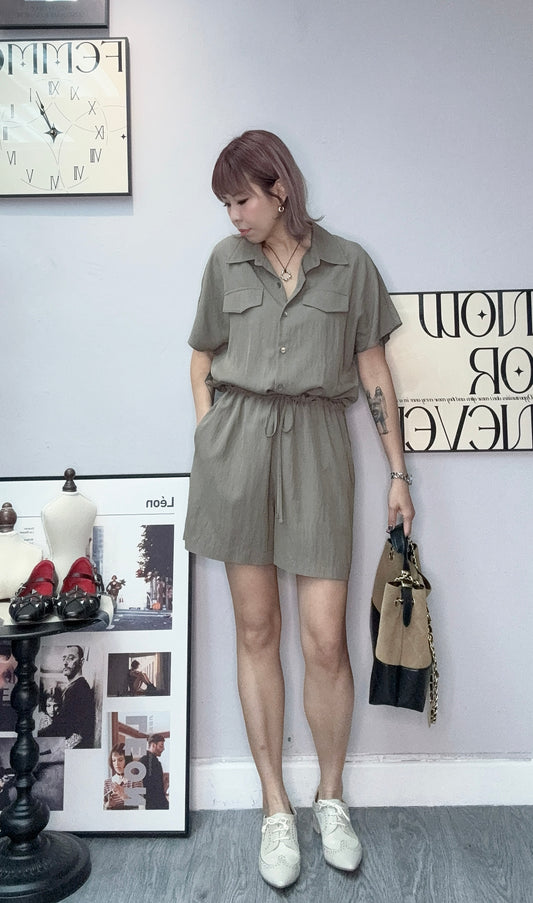 Shirt collar short jumpsuit #00448