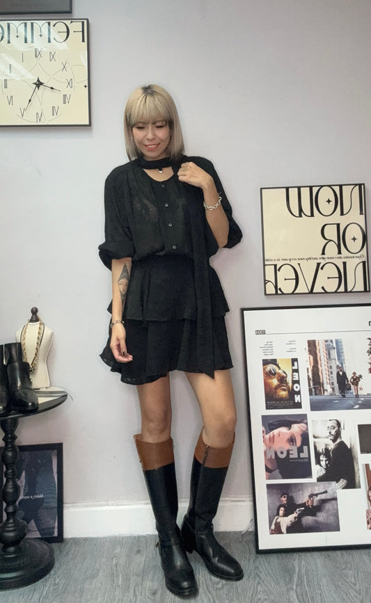 Front tie chiffon floral short one piece #00051