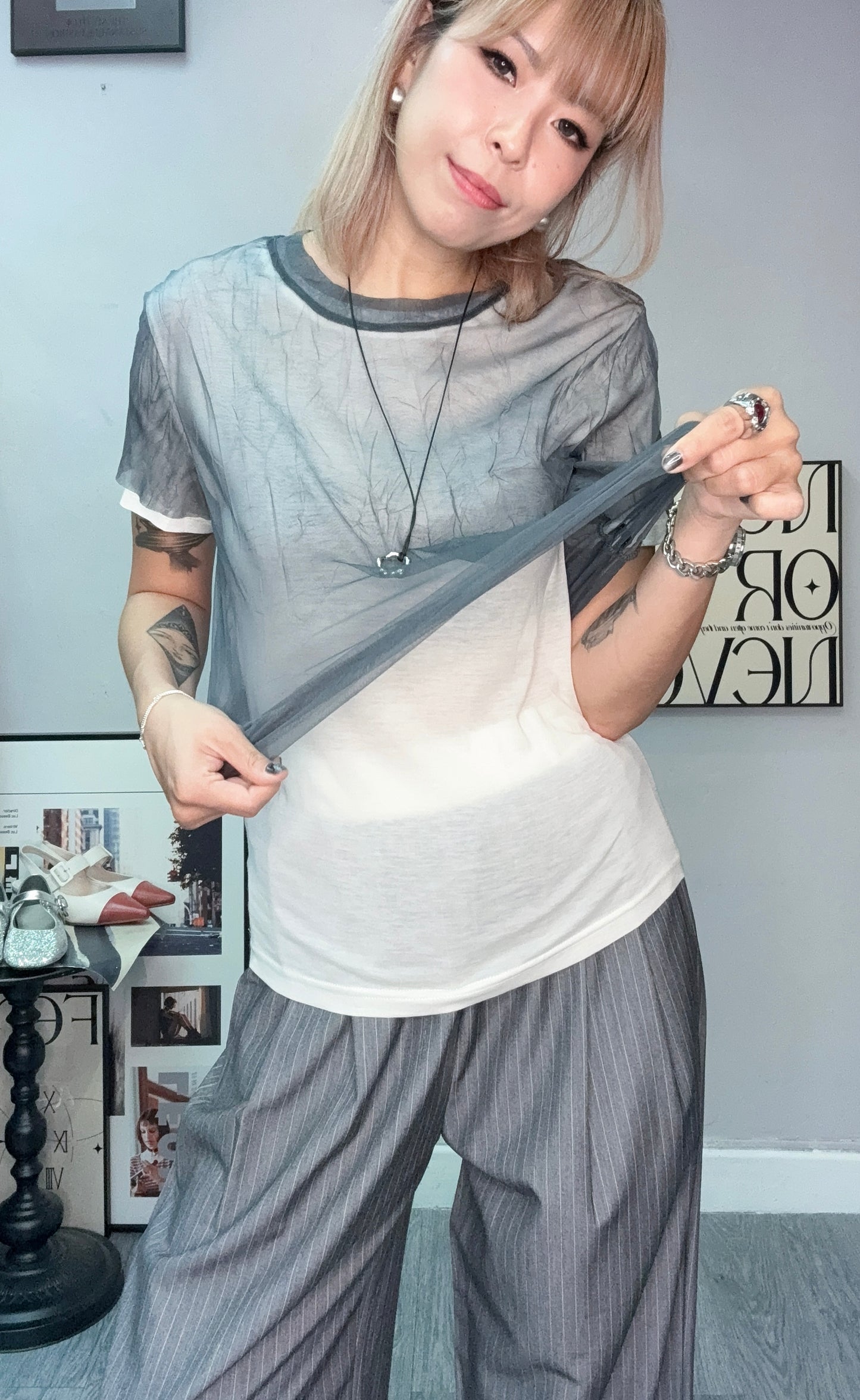 Fake two pieces mesh tee #00741