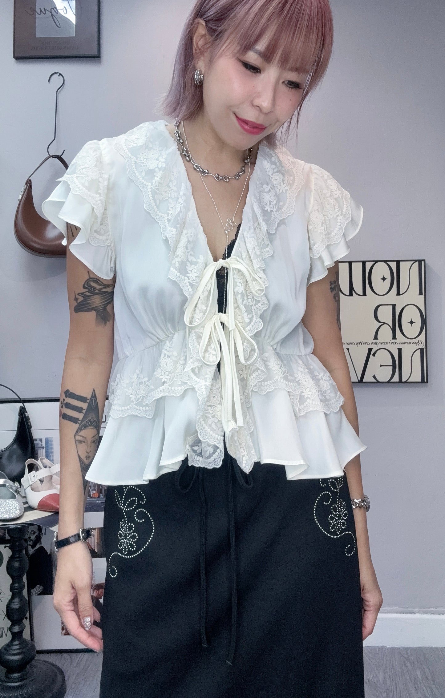 Chiffon X lace trim blouse #00818