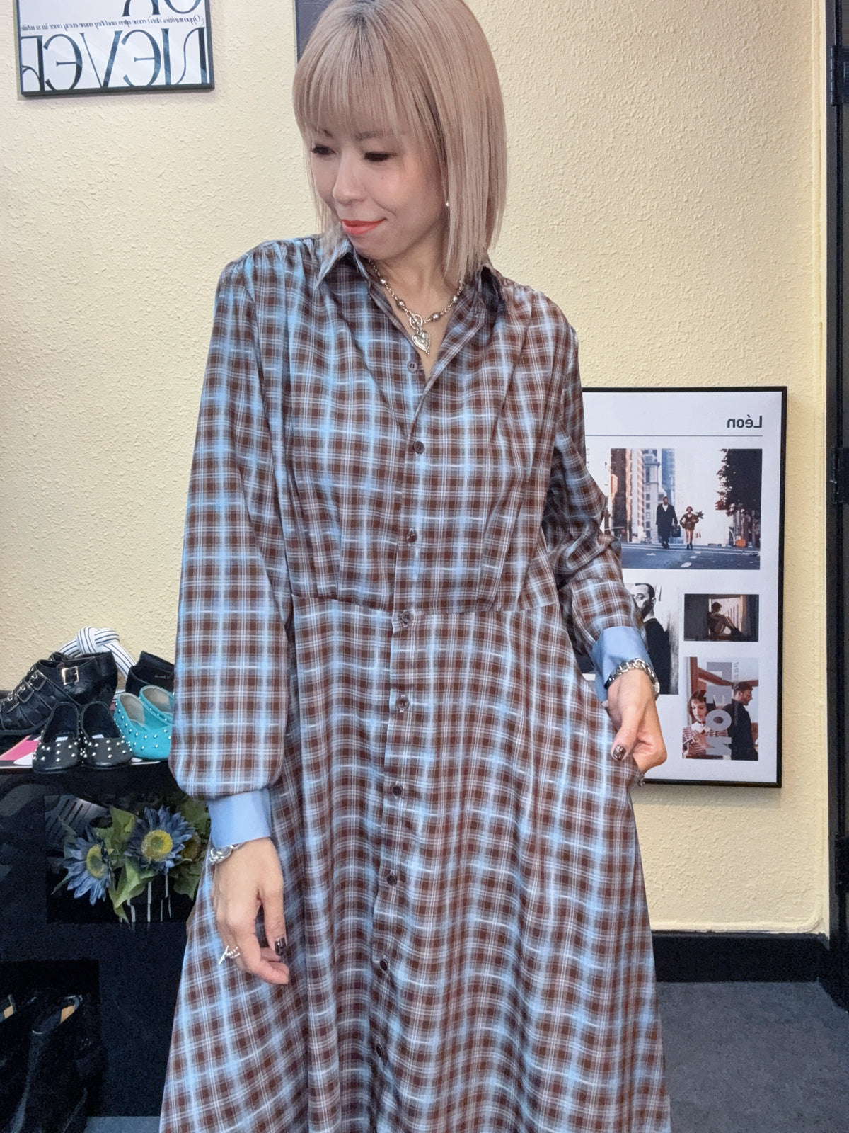 Checkered silky shirt collar one piece #00977