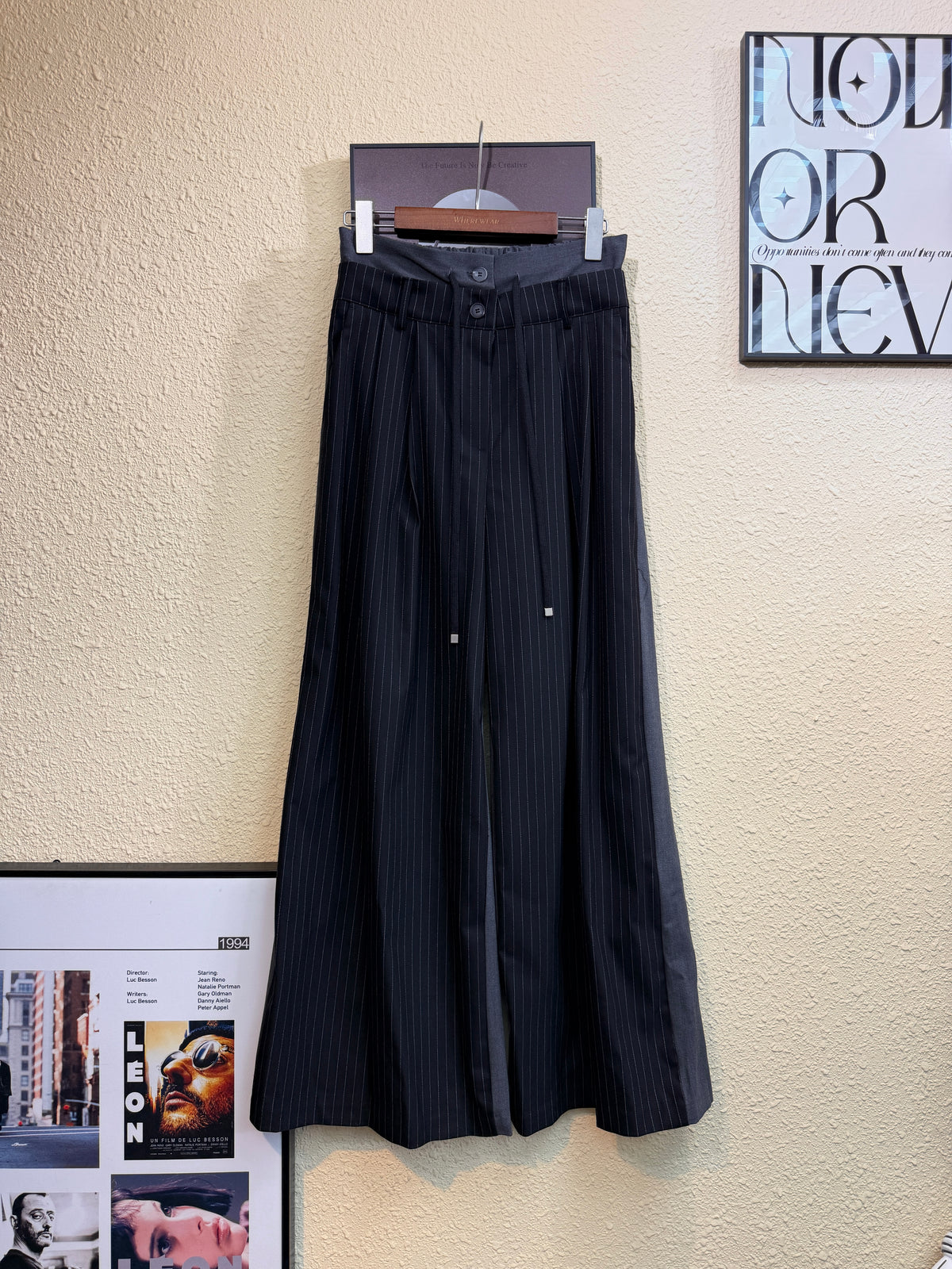 Front striped back plain double waist pants #00976