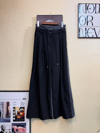 Front striped back plain double waist pants #00976