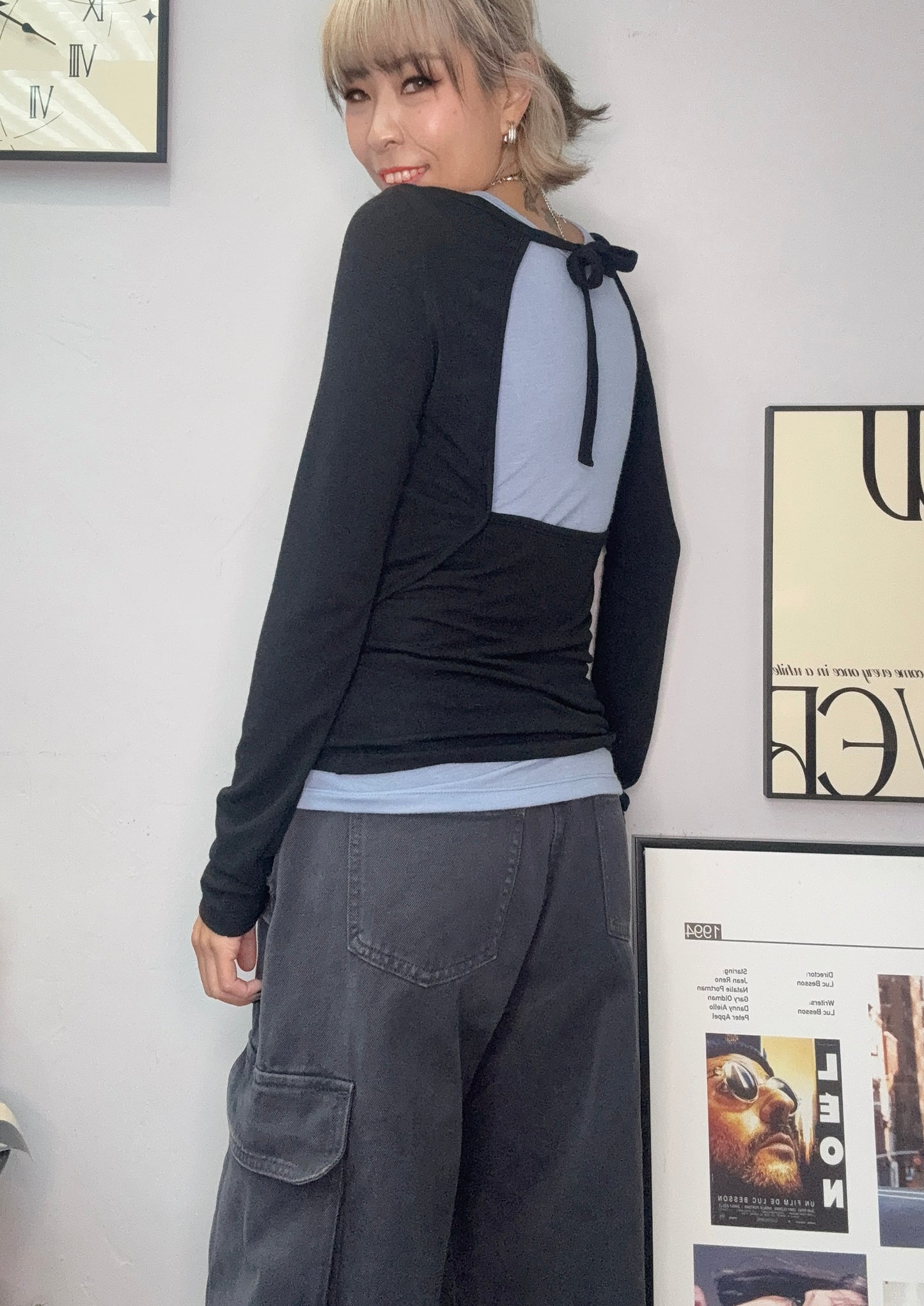 Back ribbon two pieces spandex tee