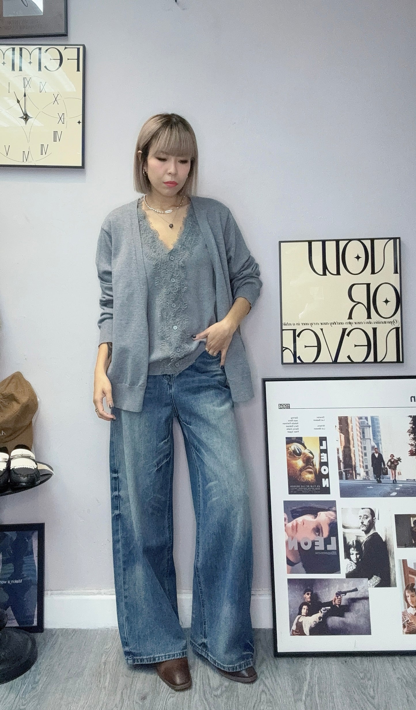 (-20% off)Fake two pieces lace x knit cardigan #00264