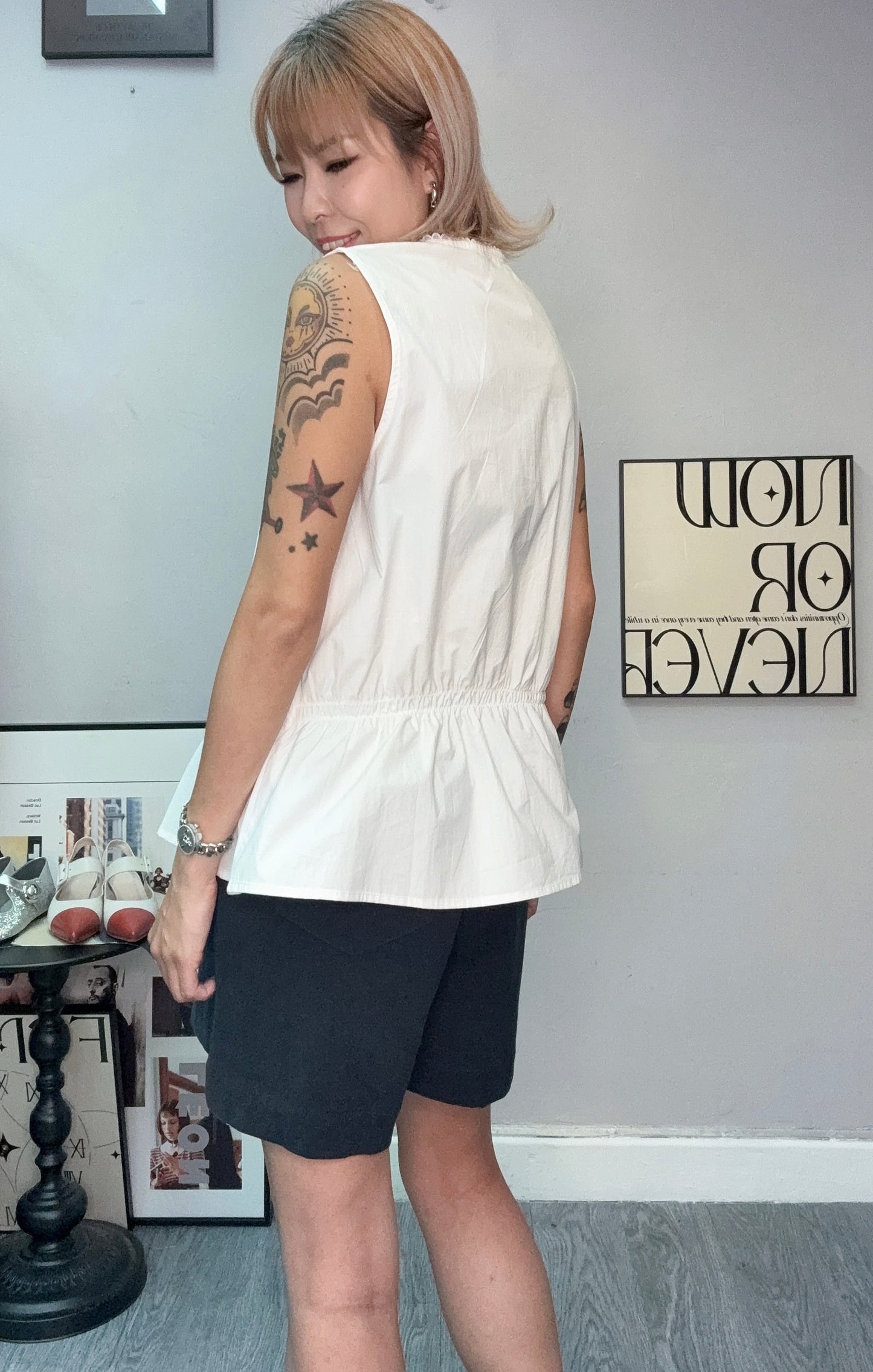Front embroidery tie sleeveless blouse #00759